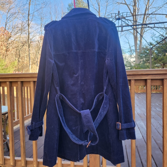 Women's Double Breasted Navy Blue Corduroy Belted Trenchcoat Size Medium - Picture 2 of 14